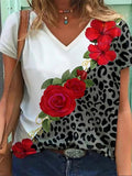 Flower Leopard Print V-Neck Short Sleeve T-Shirt Shopvhs.com