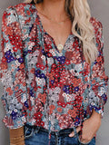 Flower Print V-Neck Long Sleeve Blouse Shopvhs.com