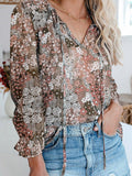 Flower Print V-Neck Long Sleeve Blouse Shopvhs.com