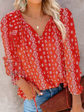 Flower Print V-Neck Long Sleeve Blouse Shopvhs.com