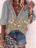 Flower Print Zipper Long Sleeve Casual Blouse Shopvhs.com