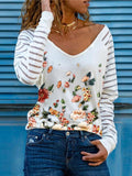 Flower Striped V-Neck Long Sleeve T-Shirt Shopvhs.com