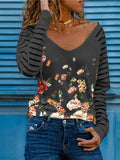 Flower Striped V-Neck Long Sleeve T-Shirt Shopvhs.com