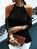 Halterneck Lace Panel Off Shoulder T-Shirt Shopvhs.com
