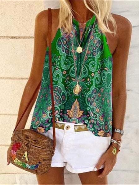 Hanging Neck Vintage Print Casual Tank Top Shopvhs.com