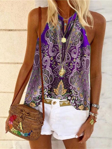 Hanging Neck Vintage Print Casual Tank Top Shopvhs.com