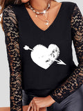 Heart Print V-Neck Lace Long Sleeve T-Shirt Shopvhs.com