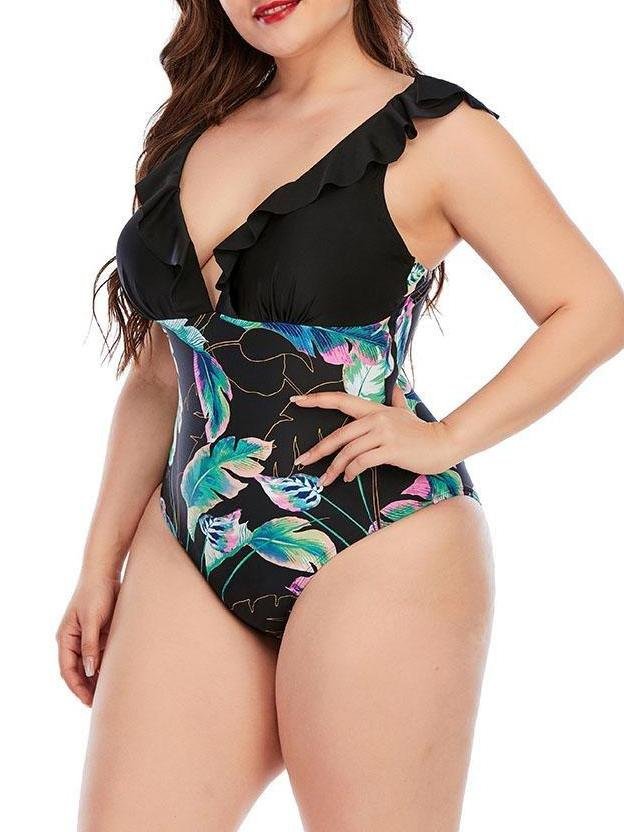 High Cut Plus Size Printing Colorblock Ruffle Swimsuit Shopvhs.com