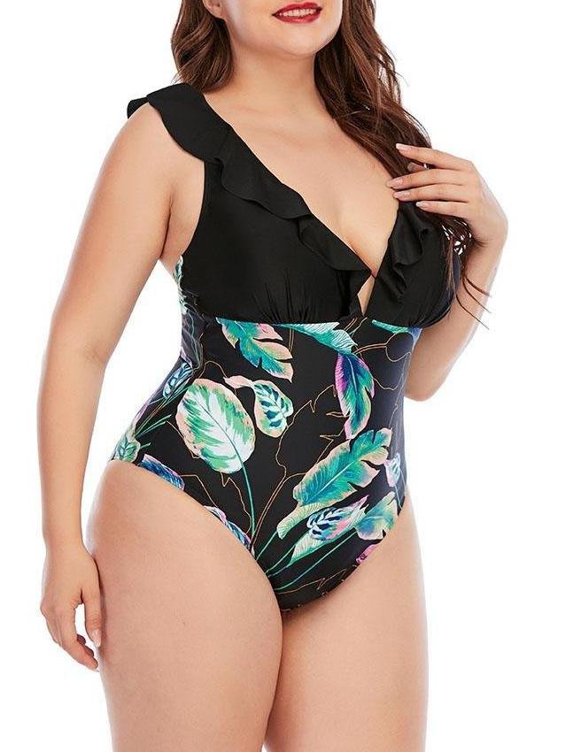 High Cut Plus Size Printing Colorblock Ruffle Swimsuit Shopvhs.com