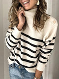 High Neck Pullover Strap Studded Striped Sweater