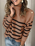 High Neck Pullover Strap Studded Striped Sweater Shopvhs.com