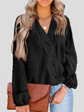 Jacquard Lace V-Neck Long Sleeve Blouse Shopvhs.com