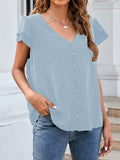 Jacquard V-Neck Buttoned Ruffle Short Sleeve Chiffon Blouse Shopvhs.com