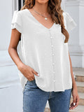 Jacquard V-Neck Buttoned Ruffle Short Sleeve Chiffon Blouse Shopvhs.com