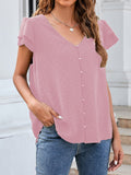 Jacquard V-Neck Buttoned Ruffle Short Sleeve Chiffon Blouse Shopvhs.com