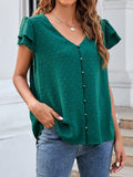 Jacquard V-Neck Buttoned Ruffle Short Sleeve Chiffon Blouse Shopvhs.com