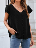 Jacquard V-Neck Buttoned Ruffle Short Sleeve Chiffon Blouse Shopvhs.com