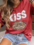 Kiss Leopard Print Round Neck Short Sleeve T-shirt Shopvhs.com