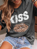 Kiss Leopard Print Round Neck Short Sleeve T-shirt Shopvhs.com