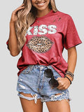 Kiss Leopard Print Round Neck Short Sleeve T-shirt Shopvhs.com