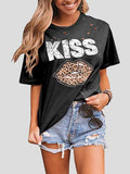 Kiss Leopard Print Round Neck Short Sleeve T-shirt Shopvhs.com