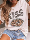 Kiss Leopard Print Round Neck Short Sleeve T-shirt Shopvhs.com