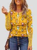 Lace Christmas Print Button Round Neck Long Sleeve T-Shirt Shopvhs.com