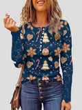 Lace Christmas Print Button Round Neck Long Sleeve T-Shirt Shopvhs.com