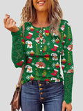 Lace Christmas Print Button Round Neck Long Sleeve T-Shirt Shopvhs.com