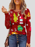 Lace Christmas Print Button Round Neck Long Sleeve T-Shirt Shopvhs.com