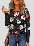 Lace Christmas Print Button Round Neck Long Sleeve T-Shirt Shopvhs.com