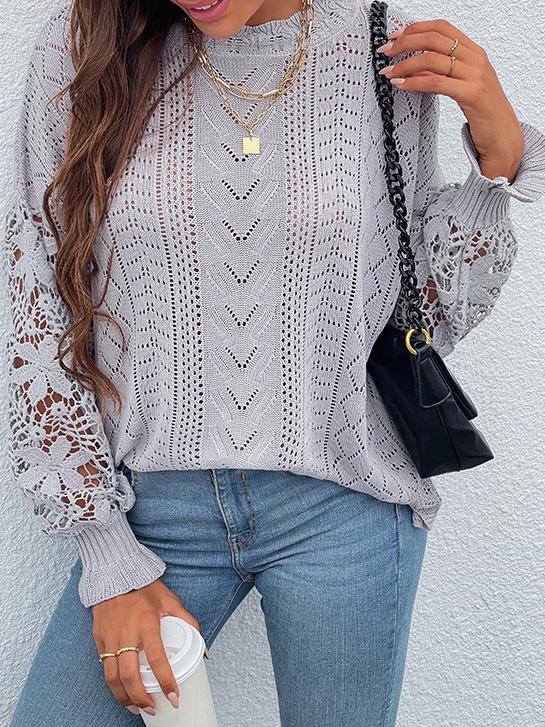 Lace Hollow Round Neck Long Sleeve Sweater Shopvhs.com