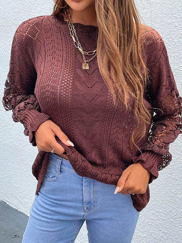 Lace Hollow Round Neck Long Sleeve Sweater Shopvhs.com
