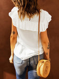 Lace Panel Ruffle Crew Neck Blouse Shopvhs.com