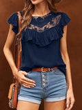 Lace Panel Ruffle Crew Neck Blouse Shopvhs.com