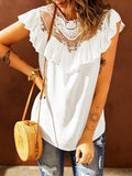 Lace Panel Ruffle Crew Neck Blouse Shopvhs.com