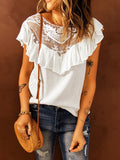 Lace Panel Ruffle Crew Neck Blouse Shopvhs.com