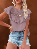 Lace Panel Ruffle Crew Neck Blouse Shopvhs.com