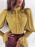 Lace Panel Stand Collar Flare Sleeves Blouse Shopvhs.com