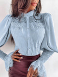 Lace Panel Stand Collar Flare Sleeves Blouse Shopvhs.com
