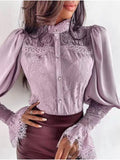 Lace Panel Stand Collar Flare Sleeves Blouse Shopvhs.com