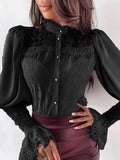 Lace Panel Stand Collar Flare Sleeves Blouse Shopvhs.com