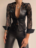 Lace-Paneled Leather Long-Sleeve Blouses Shopvhs.com