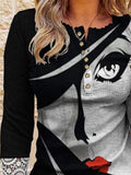 Lace Print Button Crew Neck Long Sleeve T-Shirt Shopvhs.com