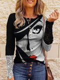 Lace Print Button Crew Neck Long Sleeve T-Shirt Shopvhs.com