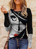 Lace Print Button Crew Neck Long Sleeve T-Shirt Shopvhs.com
