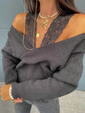 Lace Sling Strapless Long Sleeve Sweater Shopvhs.com