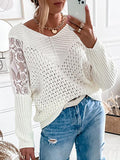 Lace Stitching Long Sleeve Hollow Knit Sweater Shopvhs.com