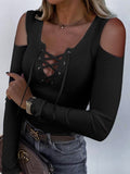 Lace-Up Off-Shoulder Long Sleeve T-Shirt Shopvhs.com