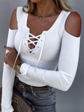 Lace-Up Off-Shoulder Long Sleeve T-Shirt Shopvhs.com